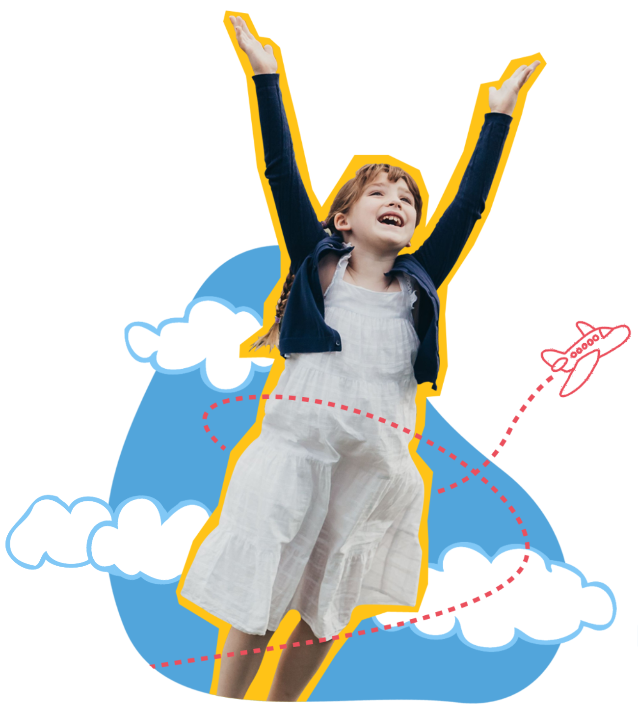 girl with hands in the air in clouds graphic
