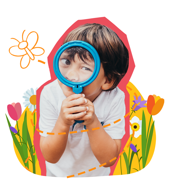 Child with a magnifying glass with flowers and butterfly.